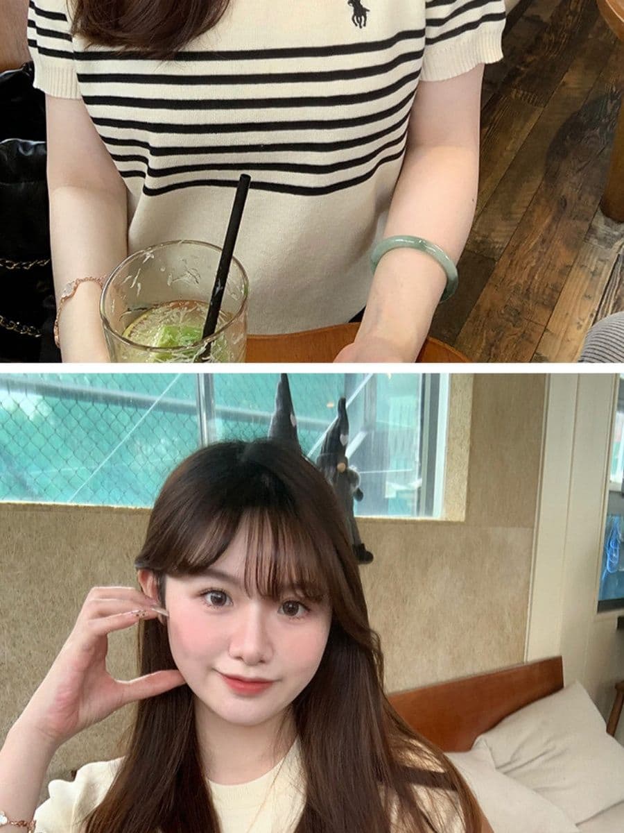 라운드 넥 스트라이프 살구 색상 니트 스웨터 여성 얇은 스타일 반팔 티셔츠 캐주얼 다용도 오래된 돈 바람 맨위 상세 이미지 17