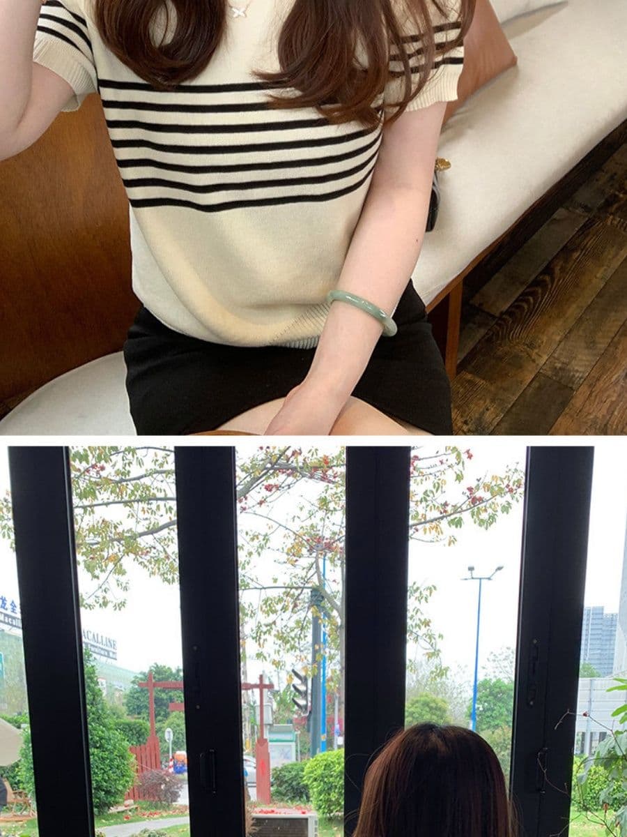 라운드 넥 스트라이프 살구 색상 니트 스웨터 여성 얇은 스타일 반팔 티셔츠 캐주얼 다용도 오래된 돈 바람 맨위 상세 이미지 18
