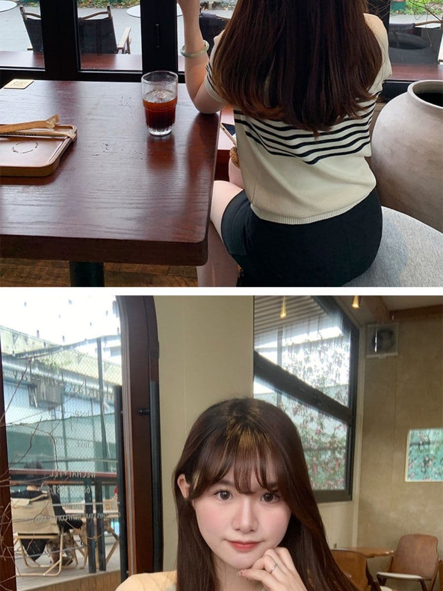 라운드 넥 스트라이프 살구 색상 니트 스웨터 여성 얇은 스타일 반팔 티셔츠 캐주얼 다용도 오래된 돈 바람 맨위 상세 이미지 19