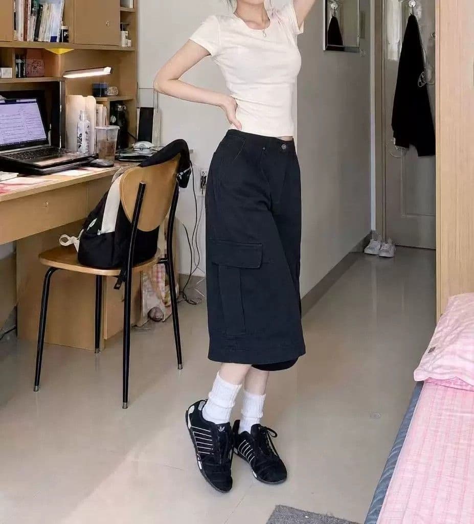 아메리칸 vibe 빅 사이즈 워싱 기타 주머니 워크웨어 7부 바지 여성 거리 스트레이트 루즈핏 슬림해 보이는 넓은 다리 바지 트렌디 상세 이미지 2