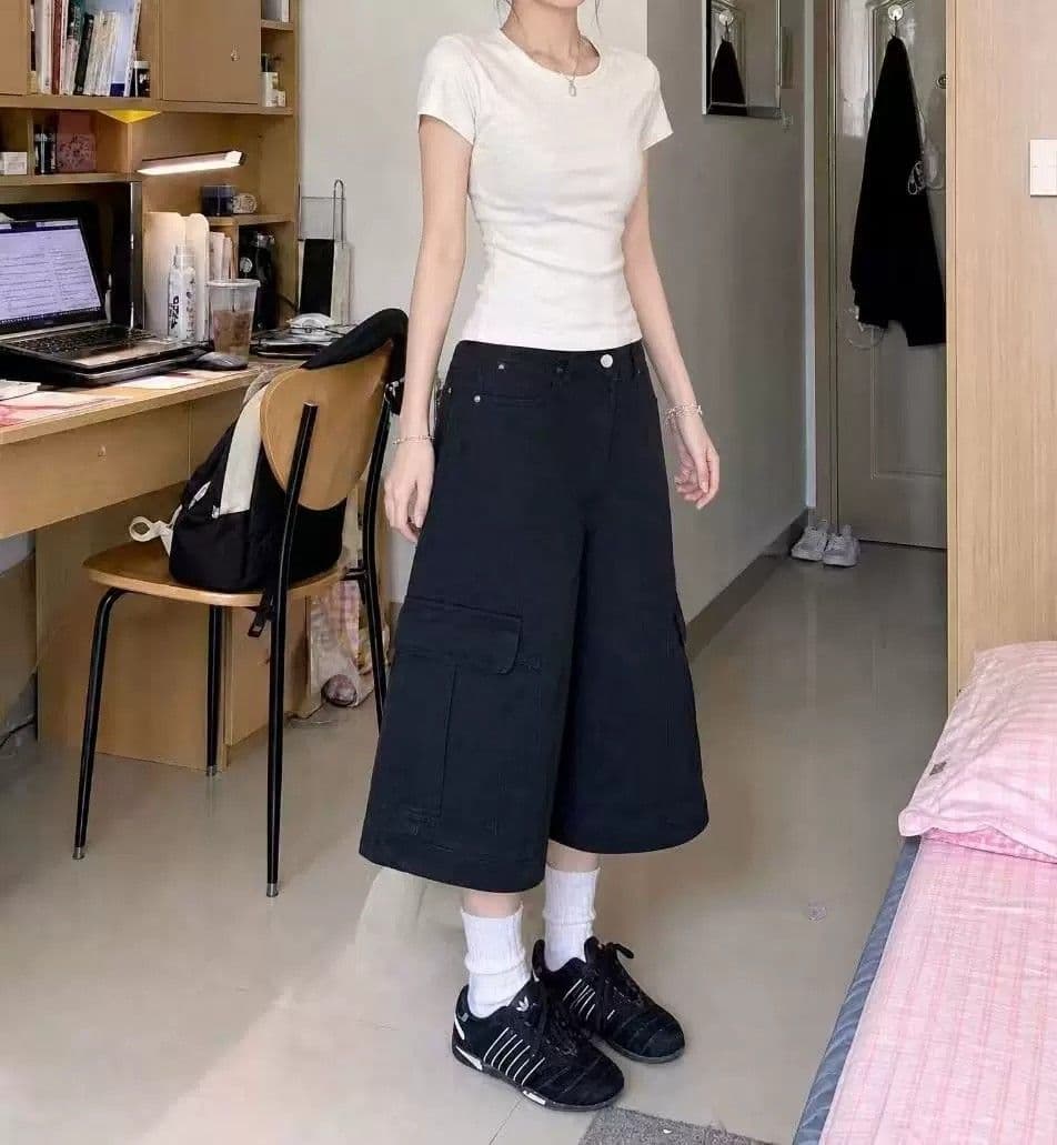 아메리칸 vibe 빅 사이즈 워싱 기타 주머니 워크웨어 7부 바지 여성 거리 스트레이트 루즈핏 슬림해 보이는 넓은 다리 바지 트렌디 상세 이미지 4