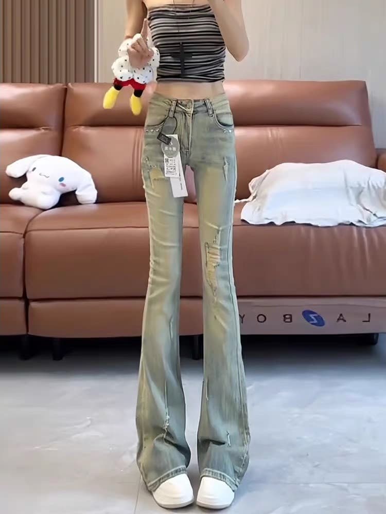 아메리칸 레트로 로우 웨이스트 부츠컷 청바지 여성 여름 키 큰 남자 길이 연장 핫걸 찢어진 부분 나팔 호스 슈 바닥 청소 바지 상세 이미지 5