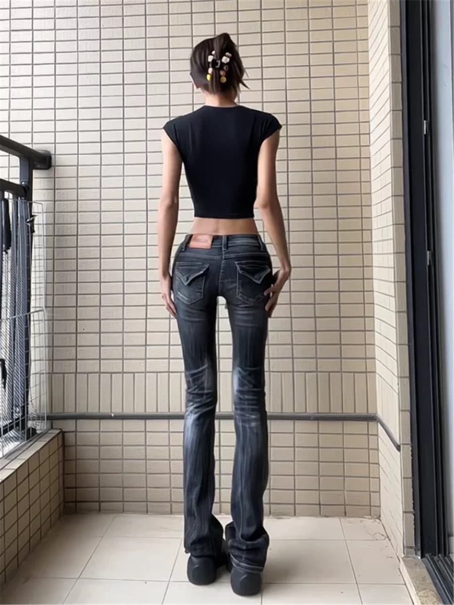 아메리칸 레트로 무거운 작업 검정색 마이크로 나팔 청바지 여성 2026 봄 새로운 몸매 가꾸기 슬림해 보이는 핫걸 나팔 바지 상세 이미지 3