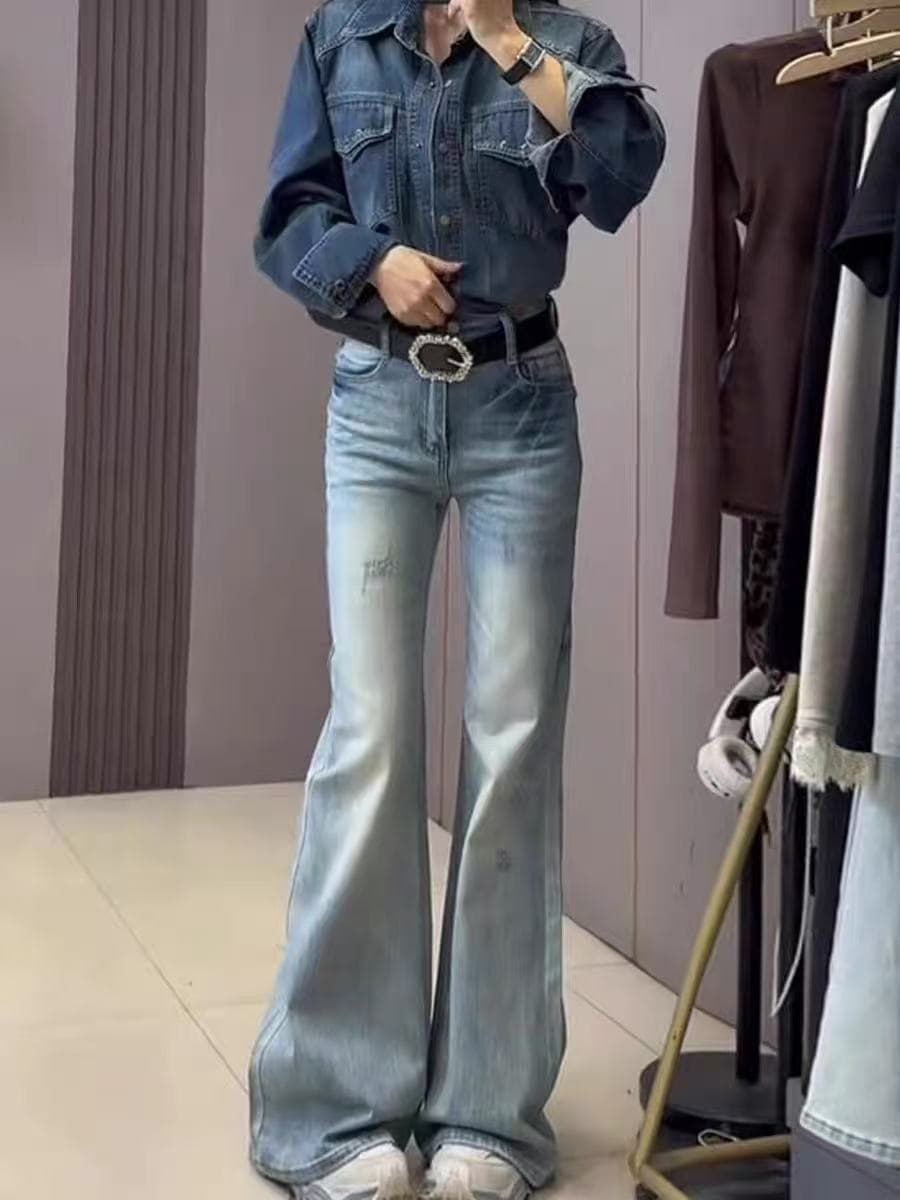 키 큰 남자 길이 연장 아메리칸 레트로 하늘색 부츠컷 청바지 여성 여름 하이웨이스트 슬림해 보이는 나팔 호스 슈 바지 이미지 2