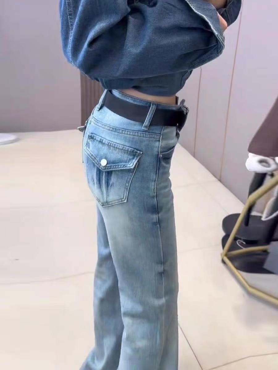 키 큰 남자 길이 연장 아메리칸 레트로 하늘색 부츠컷 청바지 여성 여름 하이웨이스트 슬림해 보이는 나팔 호스 슈 바지 상세 이미지 4