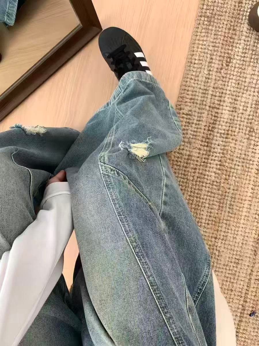 레트로 블루 하이웨이스트 찢어진 부분 넓은 다리 청바지 여성 봄 여름 새로운 루즈핏 슬림해 보이는 슈퍼 잘 생긴 ~ 중 모통이 칼 바닥 청소 바지 상세 이미지 4