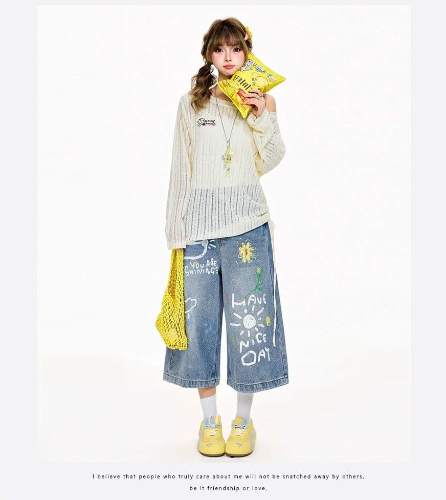 아메리칸 만화 낙서 프린트 데님 7부 바지 남녀 여름 조수 브랜드 디자인 센스 반바지 루즈핏 캐주얼 바지 상세 이미지 4