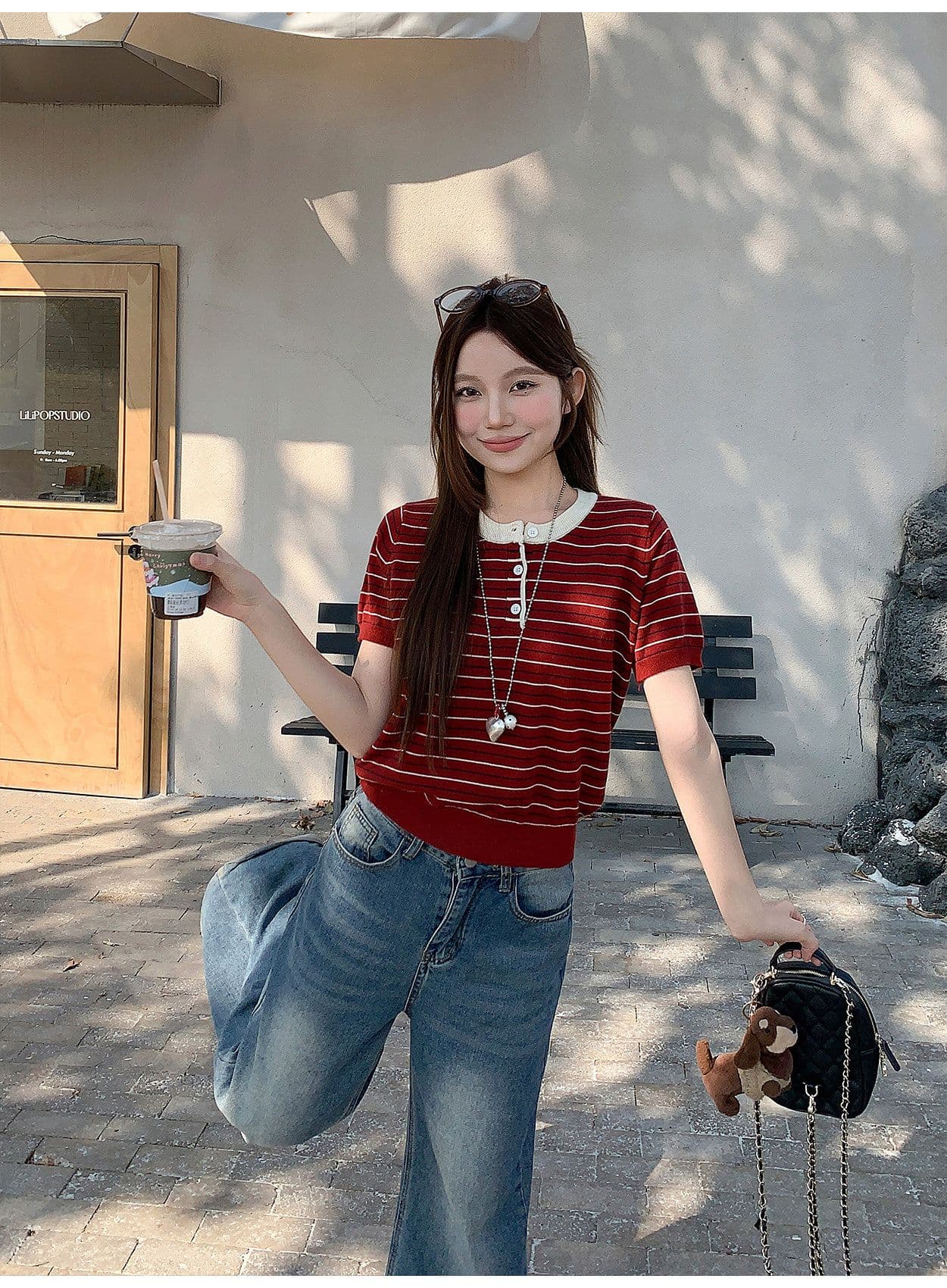 패치워크 색상 스트라이프 라운드 넥 긍정적 인 어깨 반팔 니트 스웨터 여성 여름 새로운 느긋한 바람 맨위 상세 이미지 4