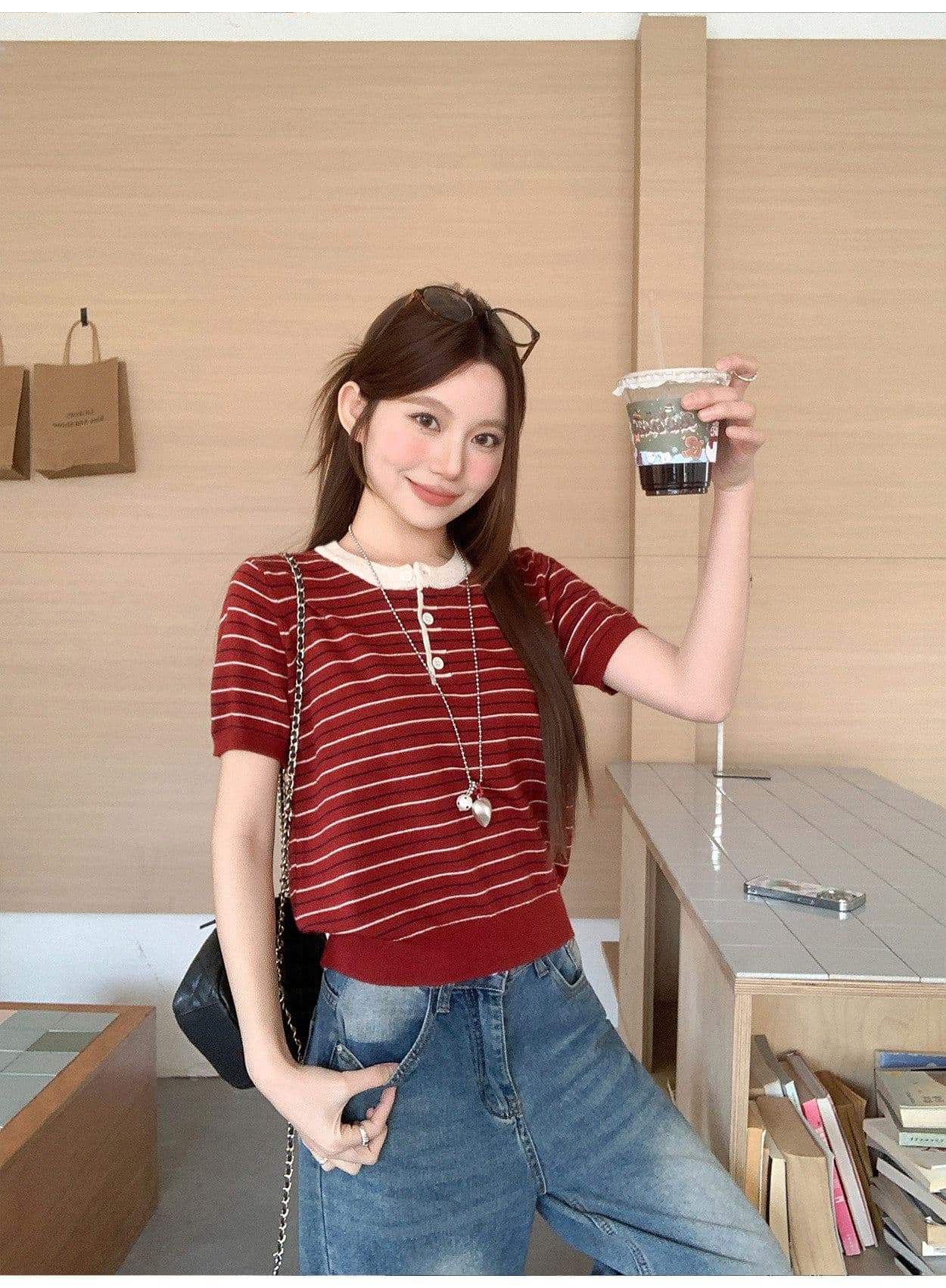 패치워크 색상 스트라이프 라운드 넥 긍정적 인 어깨 반팔 니트 스웨터 여성 여름 새로운 느긋한 바람 맨위 상세 이미지 6