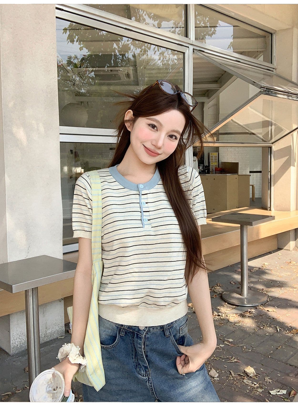 패치워크 색상 스트라이프 라운드 넥 긍정적 인 어깨 반팔 니트 스웨터 여성 여름 새로운 느긋한 바람 맨위 상세 이미지 9