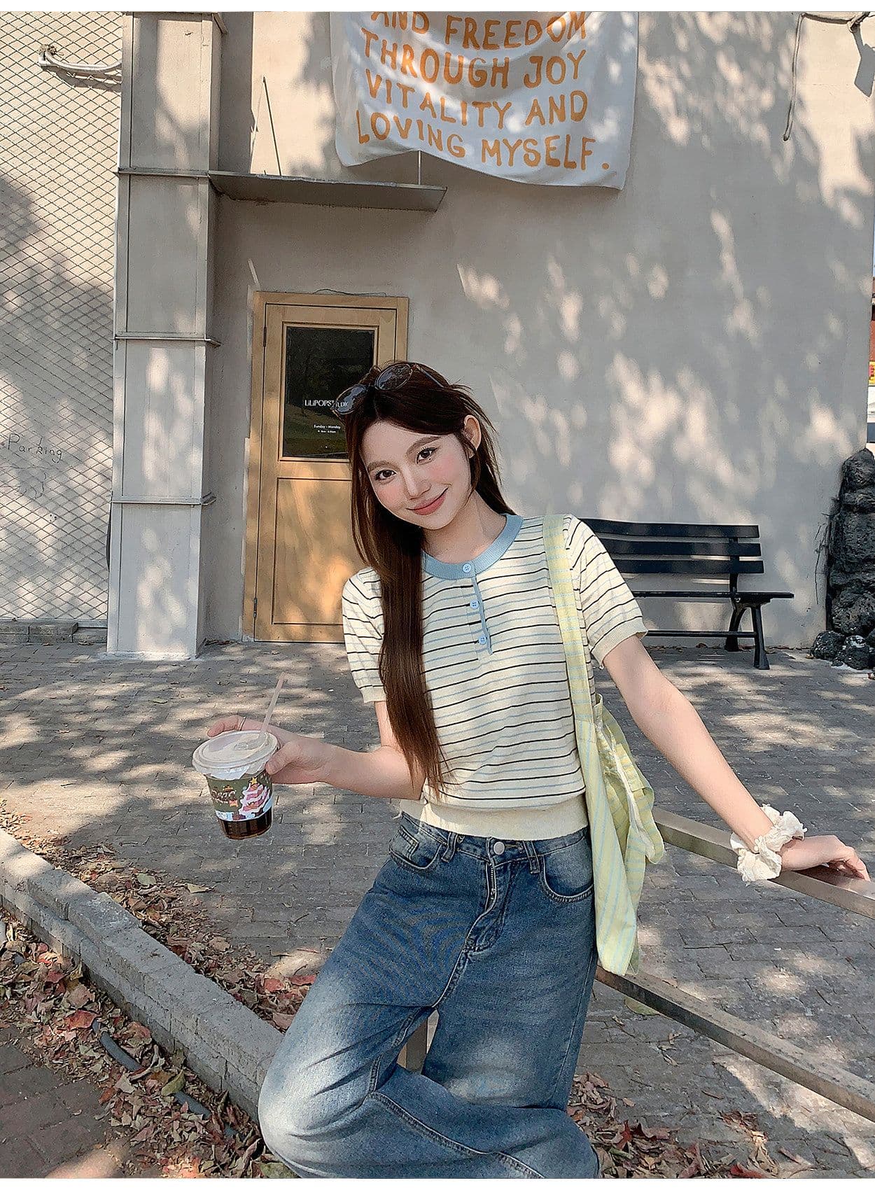 패치워크 색상 스트라이프 라운드 넥 긍정적 인 어깨 반팔 니트 스웨터 여성 여름 새로운 느긋한 바람 맨위 상세 이미지 11