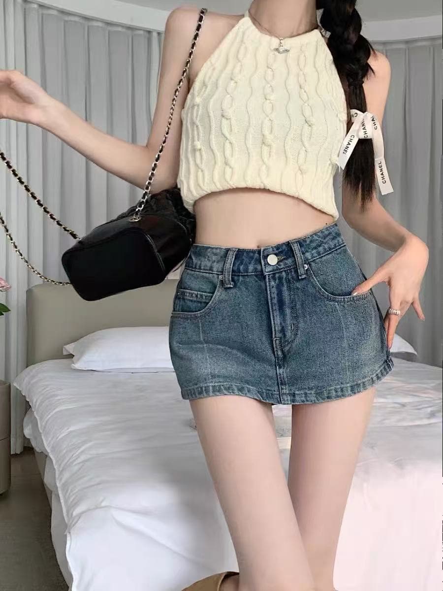 파란색 레트로 워싱 데님 스커트 여성 여름 새로운 핫걸 슬림해 보이는 하이웨이스트 타이트 스커트 노출 방지 치마 짧은 바지 이미지 3