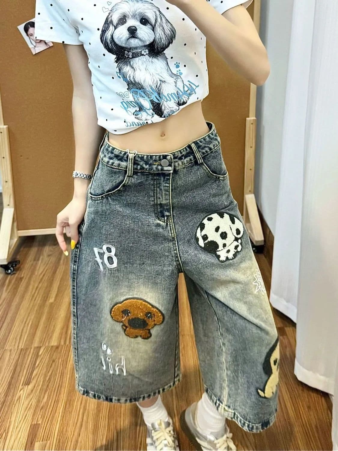 아메리칸 만화 강아지 자수 7 점 데님 반바지 여성 여름 작은 키 넓은 다리 루즈핏 스트레이트 5 점 바지 상세 이미지 1