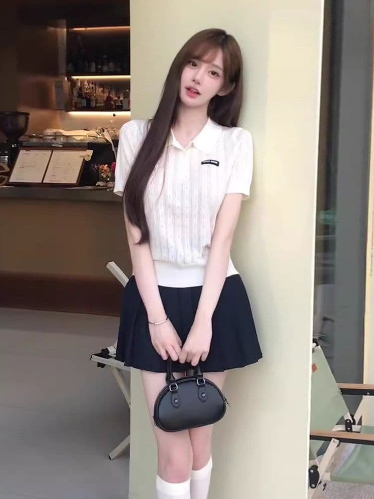 화이트 POLO 셔츠 니트 반팔 티셔츠 여성 여름 한국 스타일 배색 뒤집다 디스플레이 폴로 칼라 맨위 이미지 3