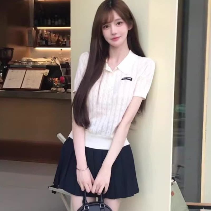 화이트 POLO 셔츠 니트 반팔 티셔츠 여성 여름 한국 스타일 배색 뒤집다 디스플레이 폴로 칼라 맨위