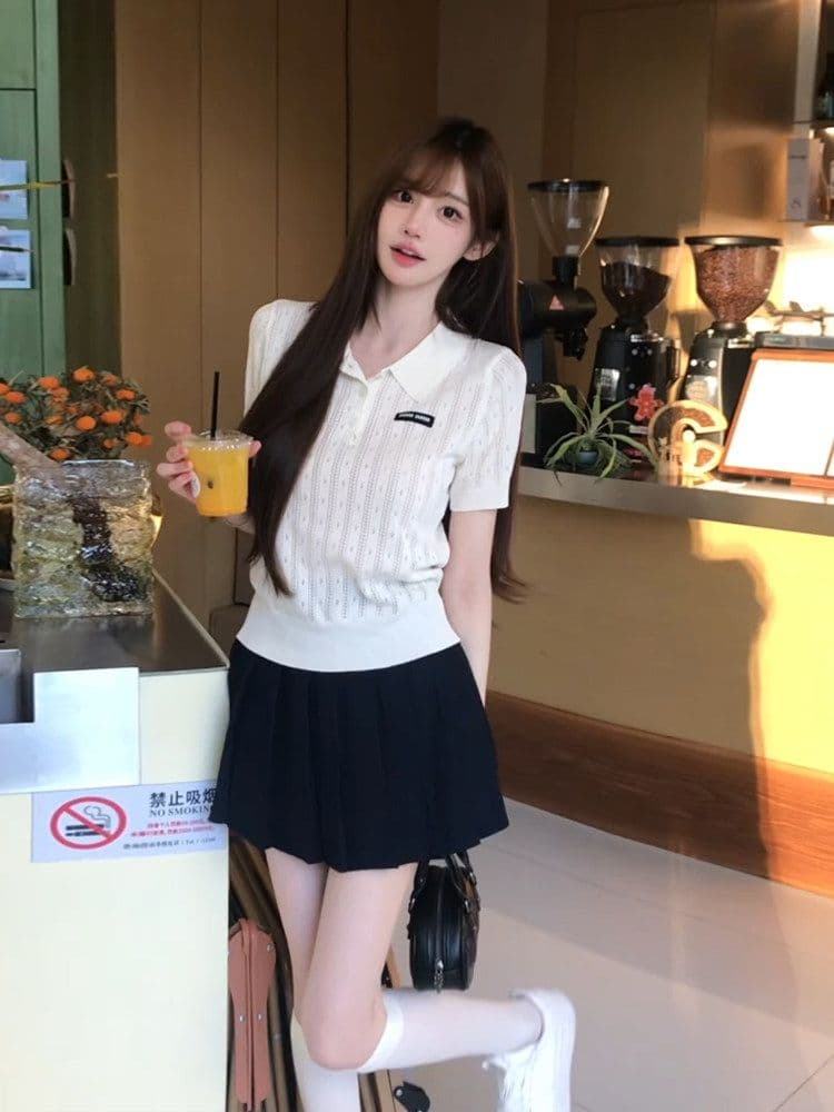 화이트 POLO 셔츠 니트 반팔 티셔츠 여성 여름 한국 스타일 배색 뒤집다 디스플레이 폴로 칼라 맨위 상세 이미지 2