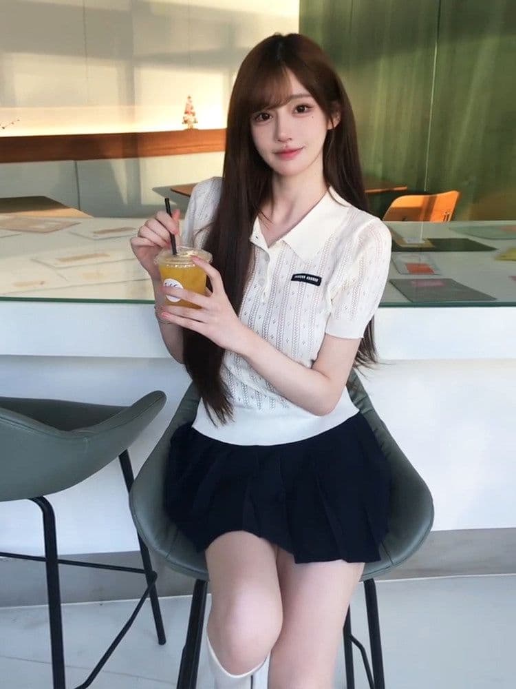 화이트 POLO 셔츠 니트 반팔 티셔츠 여성 여름 한국 스타일 배색 뒤집다 디스플레이 폴로 칼라 맨위 상세 이미지 6