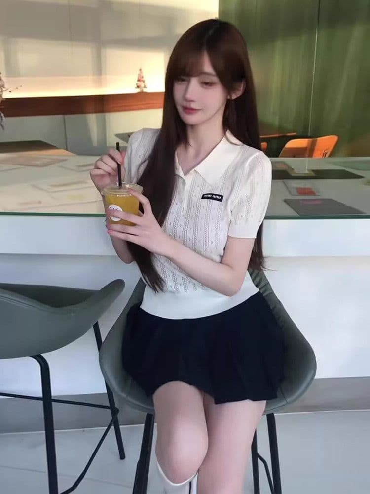 화이트 POLO 셔츠 니트 반팔 티셔츠 여성 여름 한국 스타일 배색 뒤집다 디스플레이 폴로 칼라 맨위 상세 이미지 7