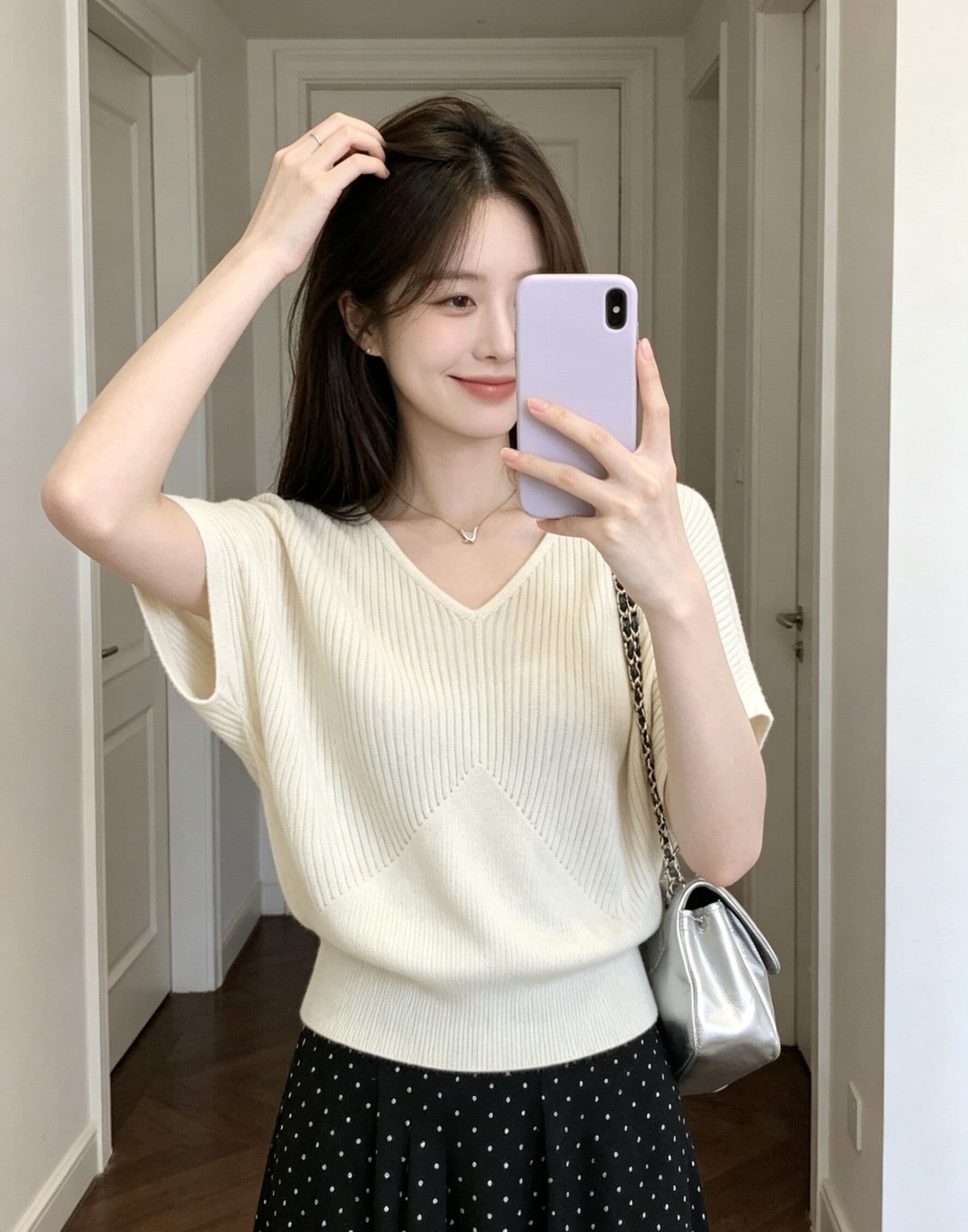 한 부서 단색 V넥 배트윙 소매 반팔 니트 스웨터 여성 2026 여름 품격 허리 수축 맨위 상세 이미지 2