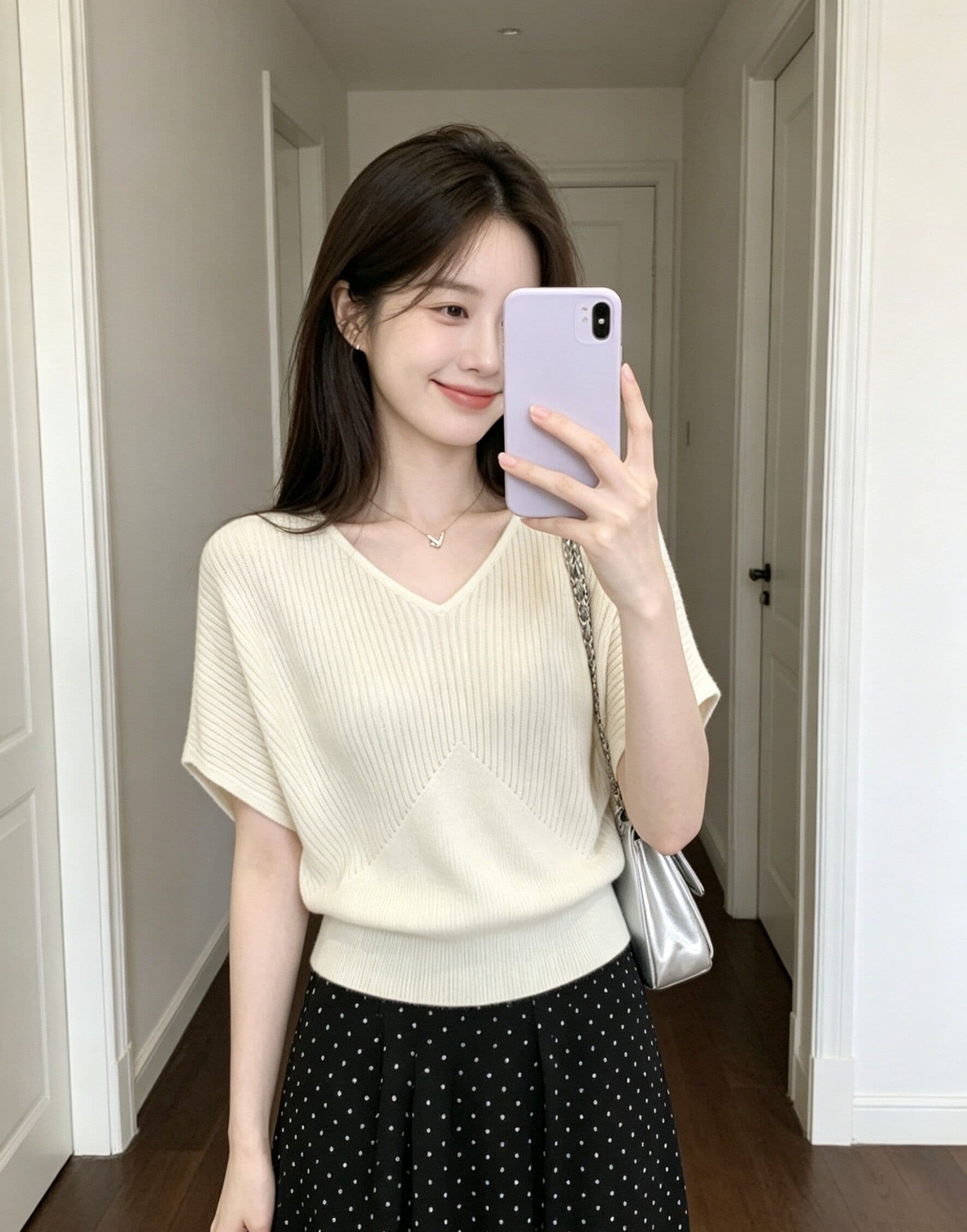 한 부서 단색 V넥 배트윙 소매 반팔 니트 스웨터 여성 2026 여름 품격 허리 수축 맨위 상세 이미지 3