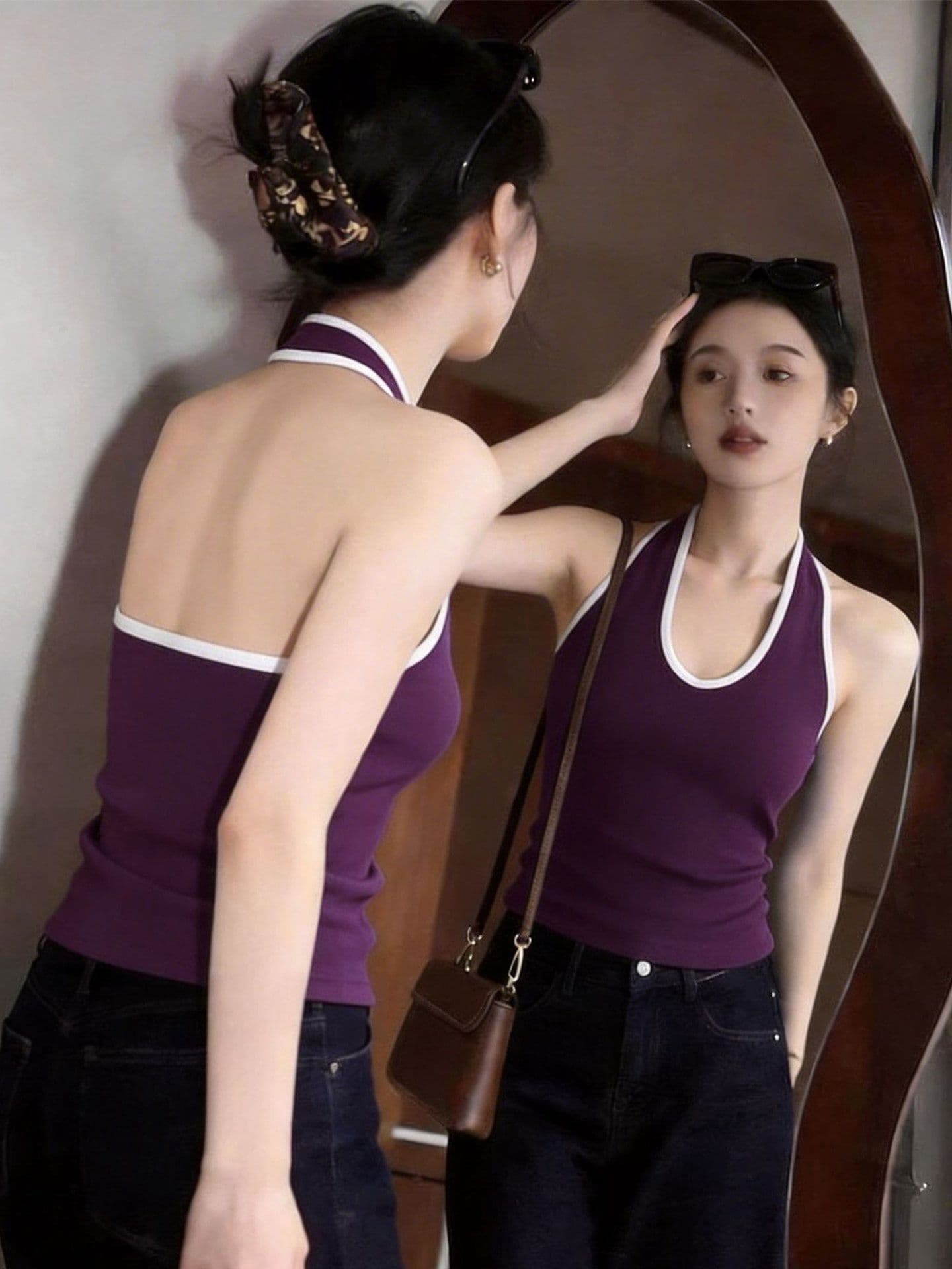 품격 레트로 배색 니트 행침 목 조끼 외출용 여성 여름 새로운 몸매 가꾸기 백리스 맨위 상세 이미지 4
