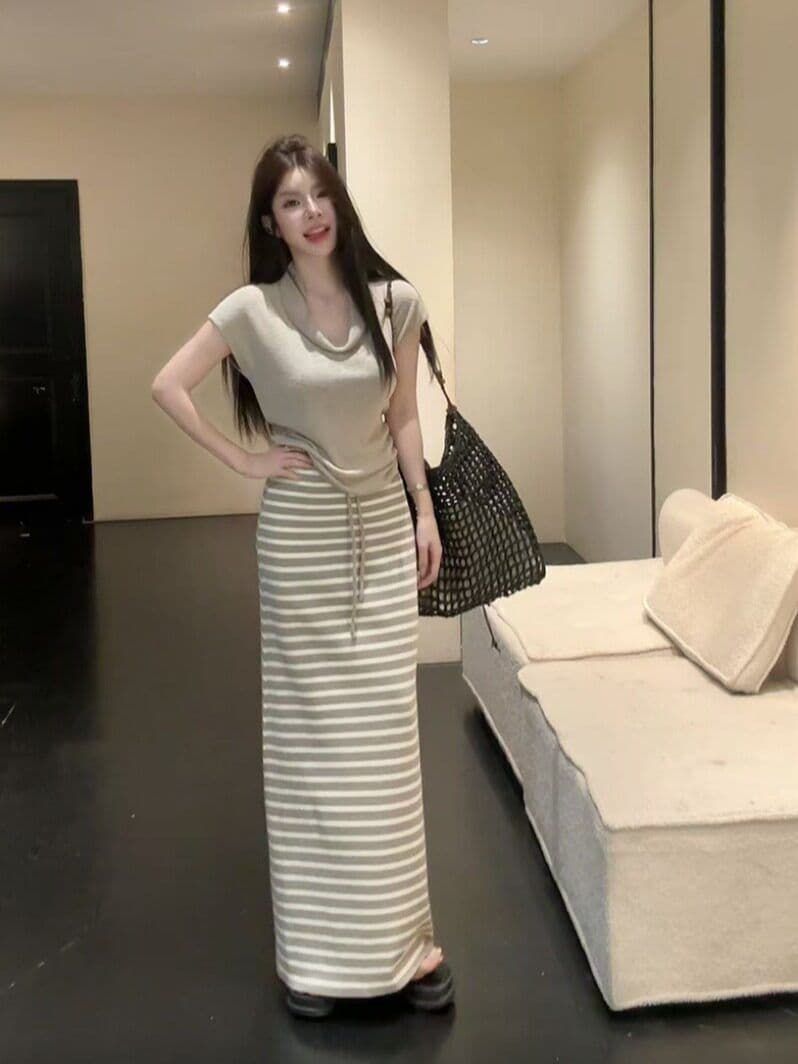 순수한 욕망 핫걸 흔들다 칼라 반팔 니트 티셔츠 여성 루즈핏 다용도 살구 색상 긍정적 인 어깨 의류 이미지 2