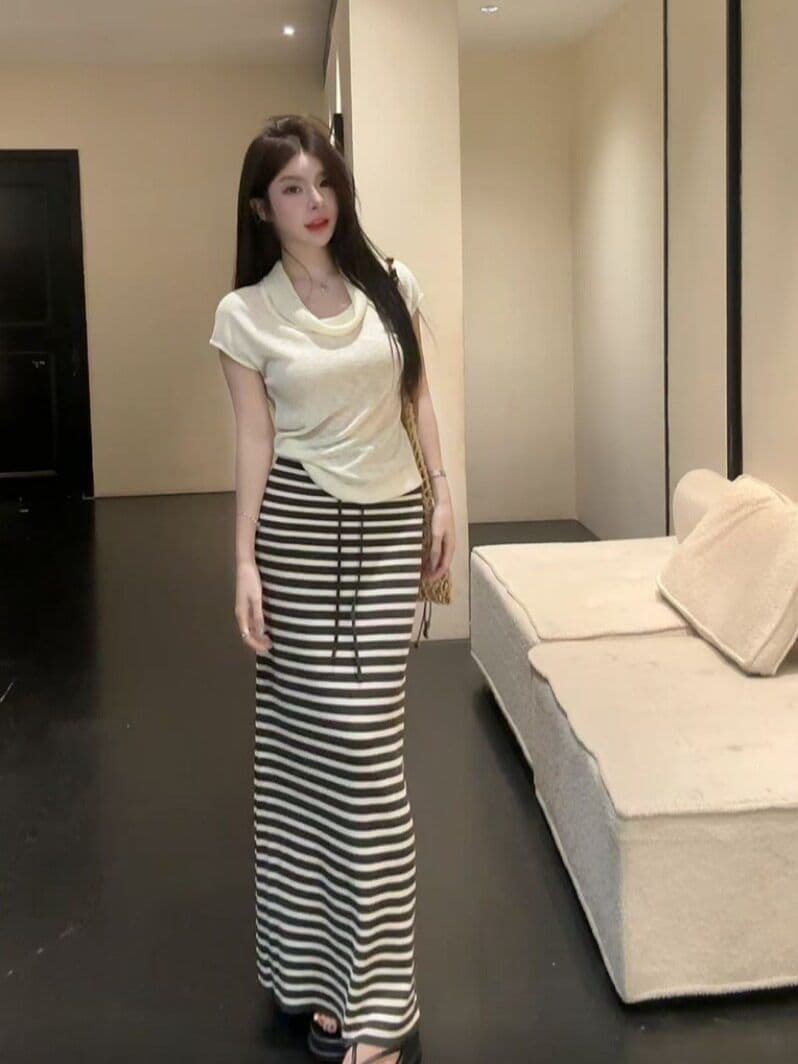 순수한 욕망 핫걸 흔들다 칼라 반팔 니트 티셔츠 여성 루즈핏 다용도 살구 색상 긍정적 인 어깨 의류 이미지 3