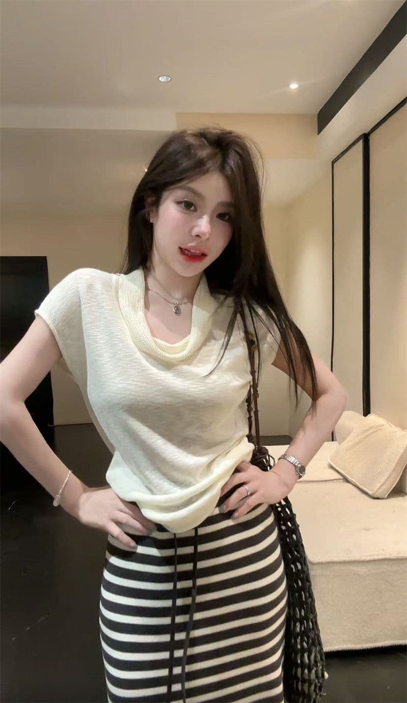 순수한 욕망 핫걸 흔들다 칼라 반팔 니트 티셔츠 여성 루즈핏 다용도 살구 색상 긍정적 인 어깨 의류 상세 이미지 14