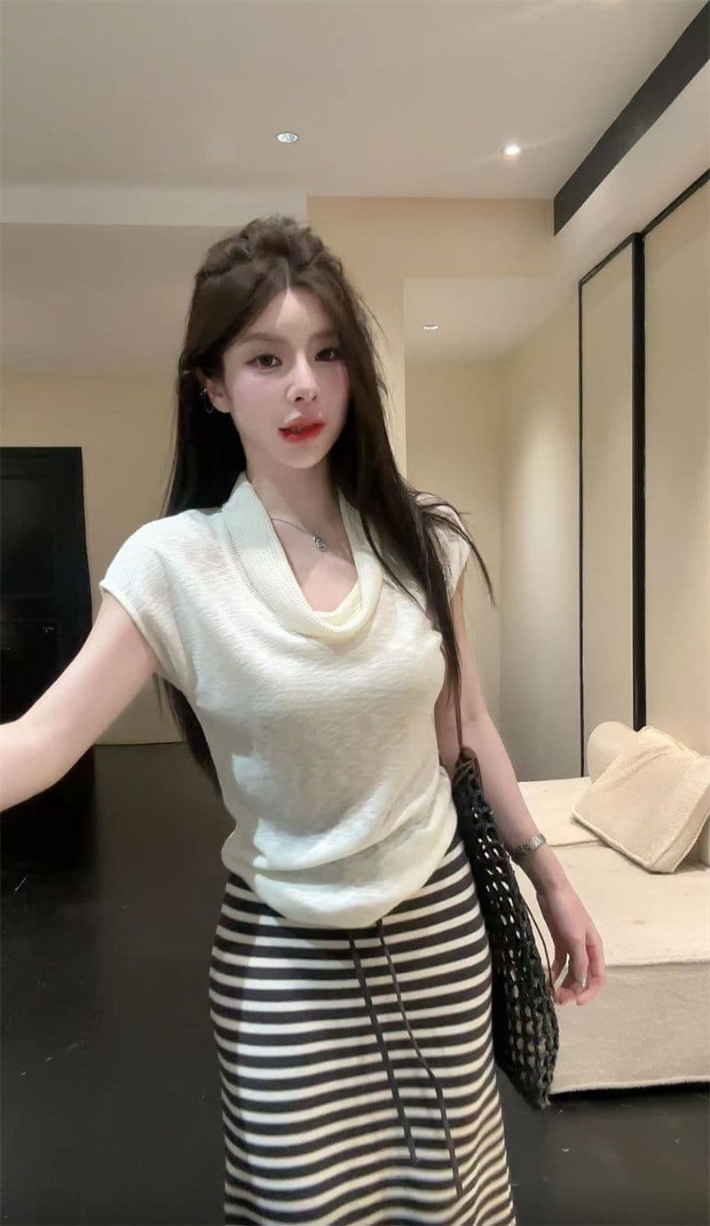 순수한 욕망 핫걸 흔들다 칼라 반팔 니트 티셔츠 여성 루즈핏 다용도 살구 색상 긍정적 인 어깨 의류 상세 이미지 15