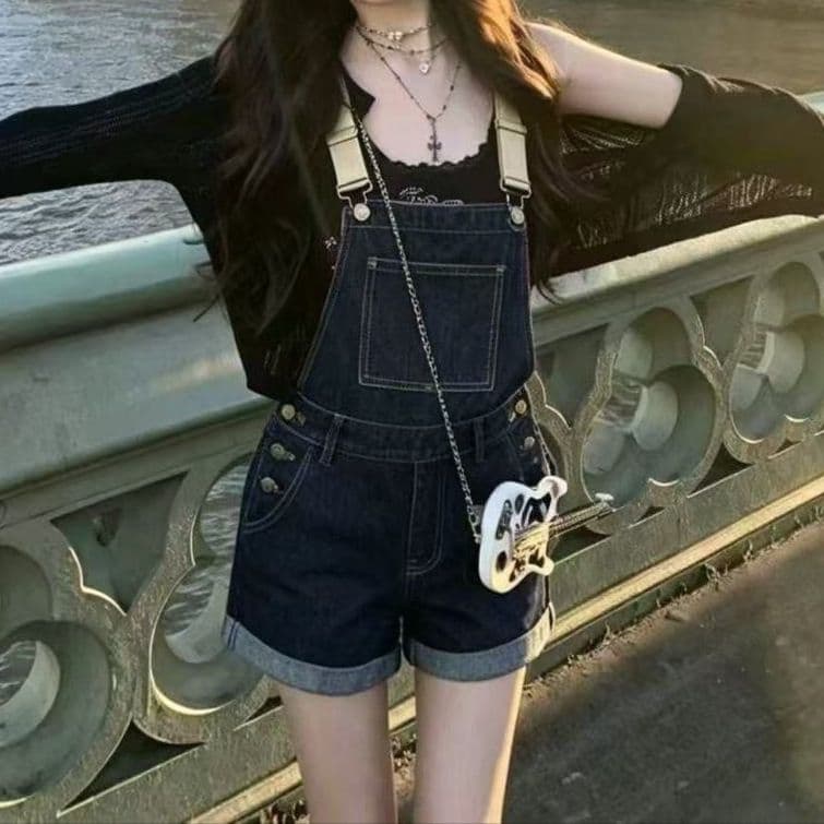 아메리칸 레트로 데님 멜빵 바지 여성 여름 얇은 스타일 작은 키 루즈핏 슬림해 보이는 다용도 캐주얼 하이웨이스트 올인원 반바지 이미지 4