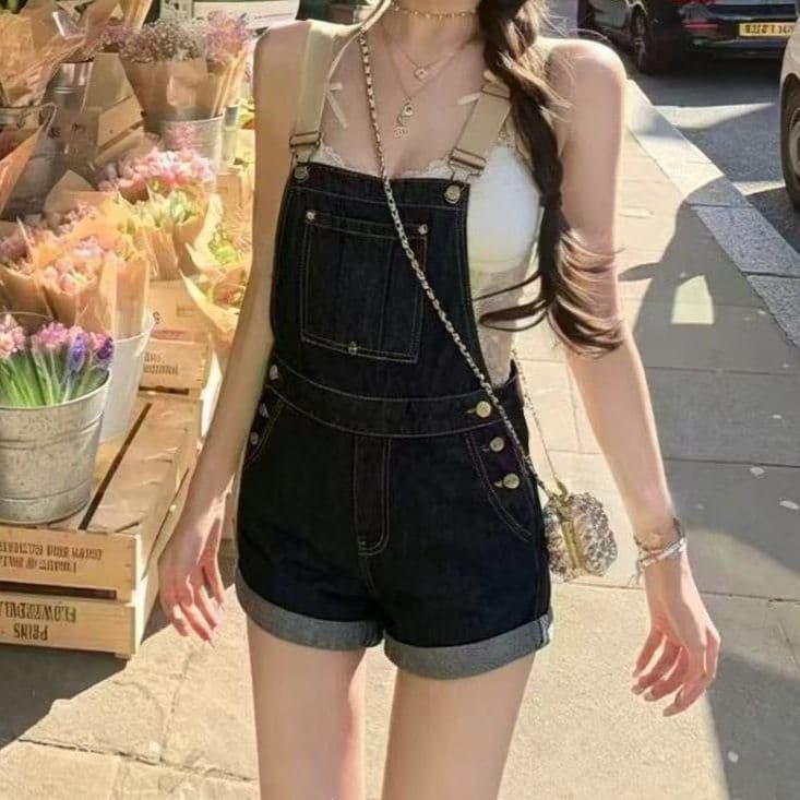 아메리칸 레트로 데님 멜빵 바지 여성 여름 얇은 스타일 작은 키 루즈핏 슬림해 보이는 다용도 캐주얼 하이웨이스트 올인원 반바지 상세 이미지 2