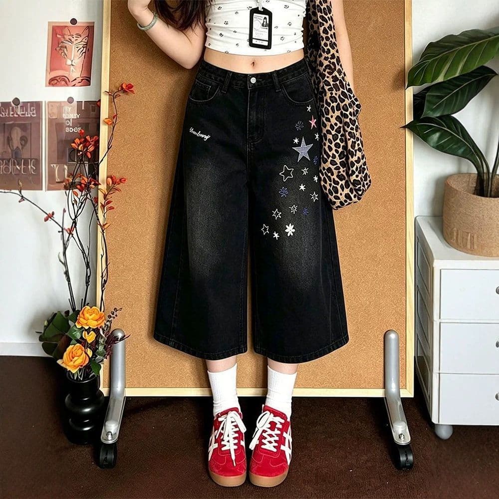 아메리칸 레트로 별 프린트 데님 7부 바지 2026 여름 얇은 스타일 바지 루즈핏 워싱 넓은 다리가 짧다. 바지 이미지 4