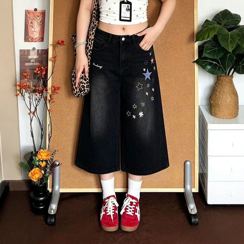 아메리칸 레트로 별 프린트 데님 7부 바지 2026 여름 얇은 스타일 바지 루즈핏 워싱 넓은 다리가 짧다. 바지 이미지 2