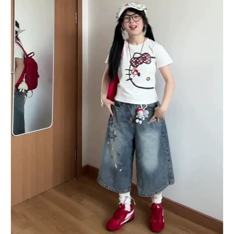 아메리칸 레트로 별 프린트 데님 7부 바지 2026 여름 얇은 스타일 바지 루즈핏 워싱 넓은 다리가 짧다. 바지 이미지 5