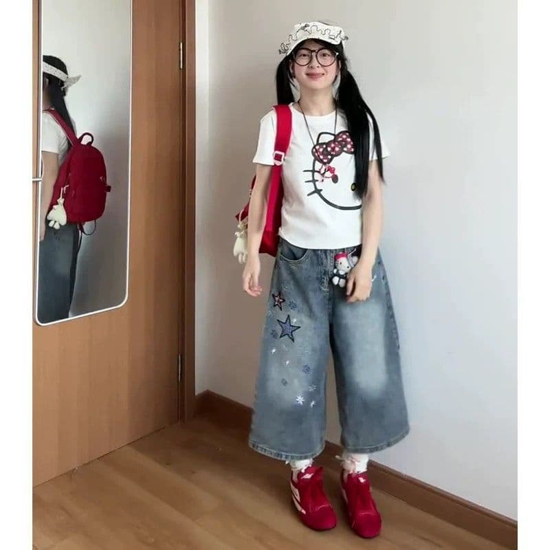 아메리칸 레트로 별 프린트 데님 7부 바지 2026 여름 얇은 스타일 바지 루즈핏 워싱 넓은 다리가 짧다. 바지 이미지 3