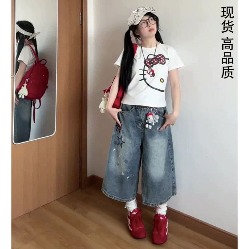 아메리칸 레트로 별 프린트 데님 7부 바지 2026 여름 얇은 스타일 바지 루즈핏 워싱 넓은 다리가 짧다. 바지