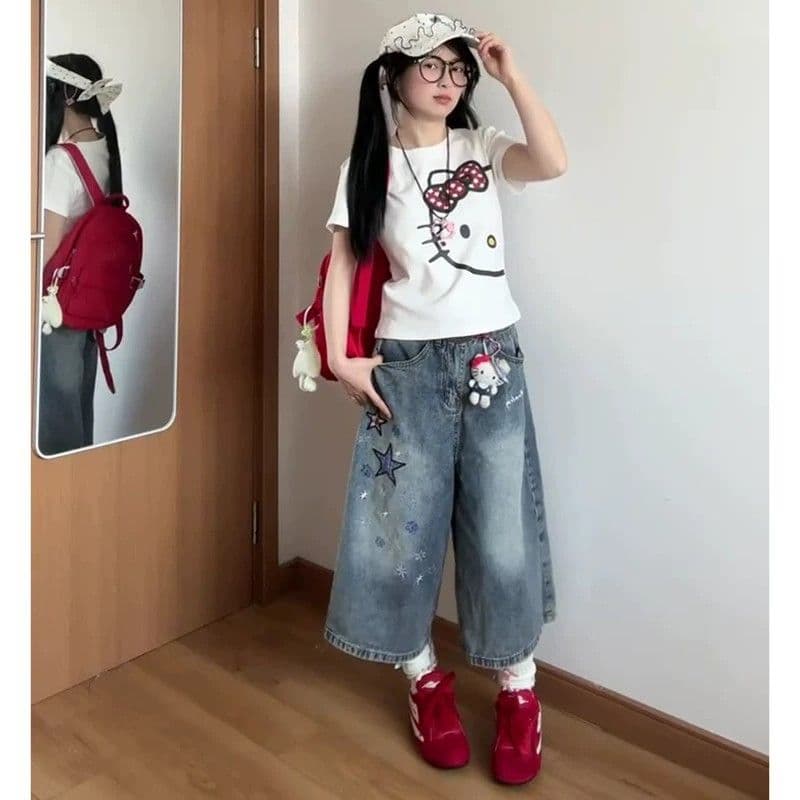 아메리칸 레트로 별 프린트 데님 7부 바지 2026 여름 얇은 스타일 바지 루즈핏 워싱 넓은 다리가 짧다. 바지 상세 이미지 3