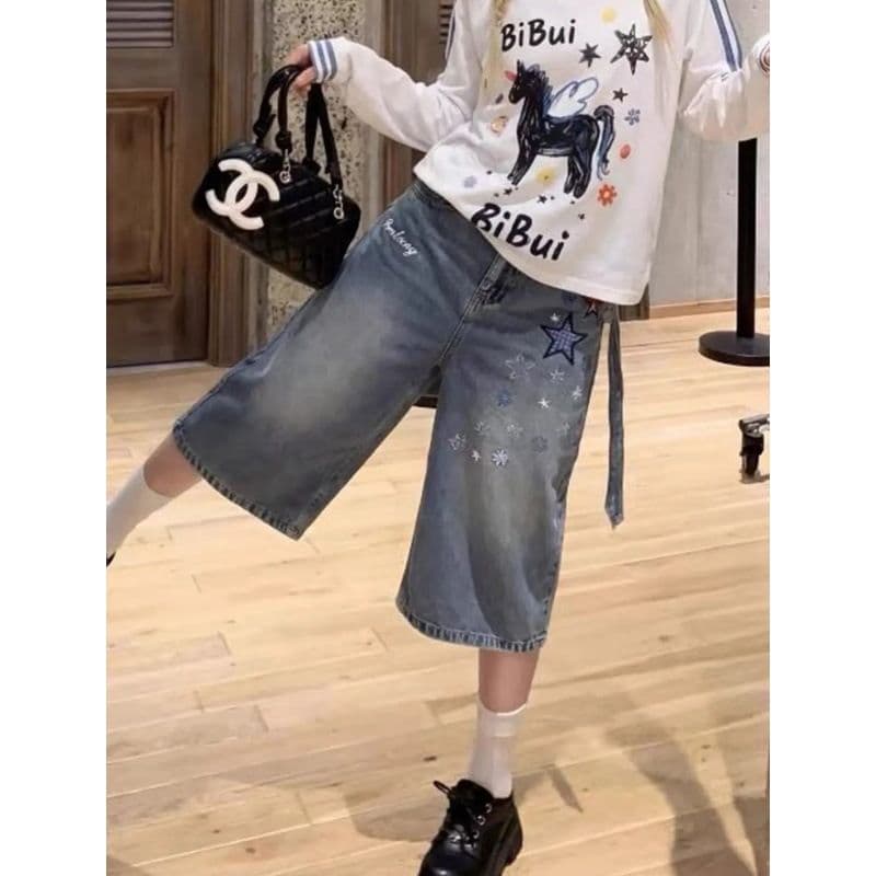 아메리칸 레트로 별 프린트 데님 7부 바지 2026 여름 얇은 스타일 바지 루즈핏 워싱 넓은 다리가 짧다. 바지 이미지 4