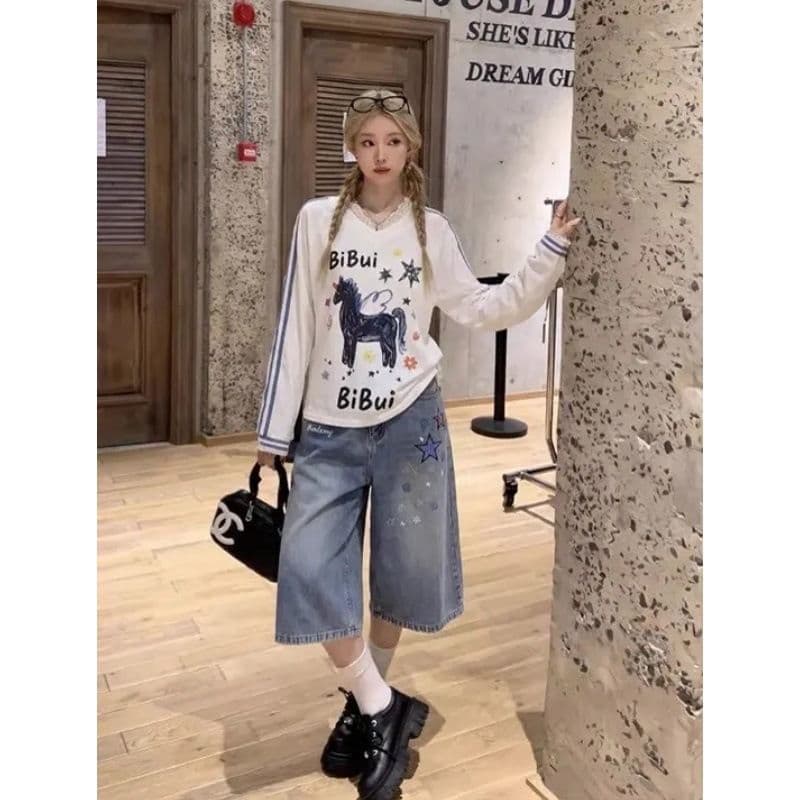 아메리칸 레트로 별 프린트 데님 7부 바지 2026 여름 얇은 스타일 바지 루즈핏 워싱 넓은 다리가 짧다. 바지
