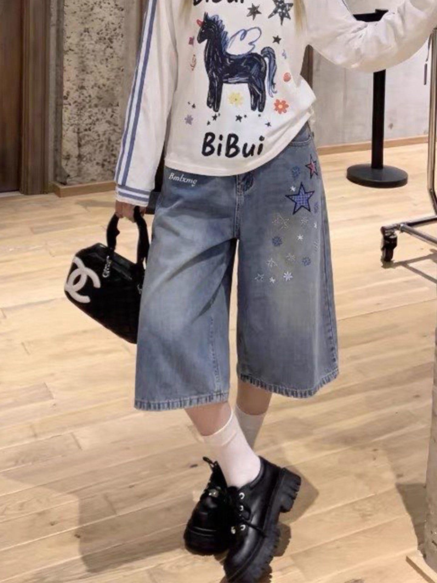 아메리칸 레트로 별 프린트 데님 7부 바지 2026 여름 얇은 스타일 바지 루즈핏 워싱 넓은 다리가 짧다. 바지 상세 이미지 2