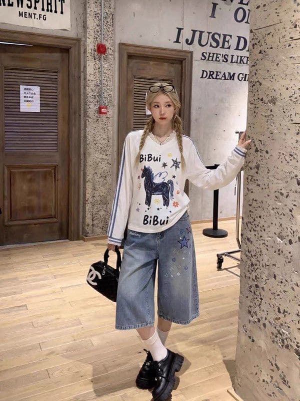 아메리칸 레트로 별 프린트 데님 7부 바지 2026 여름 얇은 스타일 바지 루즈핏 워싱 넓은 다리가 짧다. 바지 상세 이미지 3