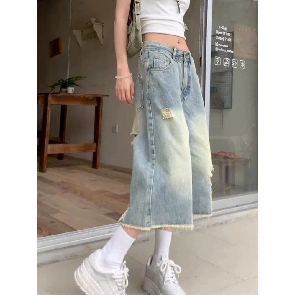 아메리칸 찢어진 부분 거친 가장자리 7 점 청바지 여성 여름 넓은 다리 디자인 센스 8 점 바지 스트레이트 벽오동 짧은 바지 이미지 4