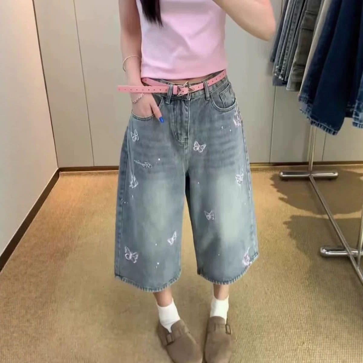 아메리칸 나비 자수 스트레이트 데님 반바지 여성 2026 여름 마 오래된 워싱 루즈핏 넓은 다리 캐주얼 7부 바지