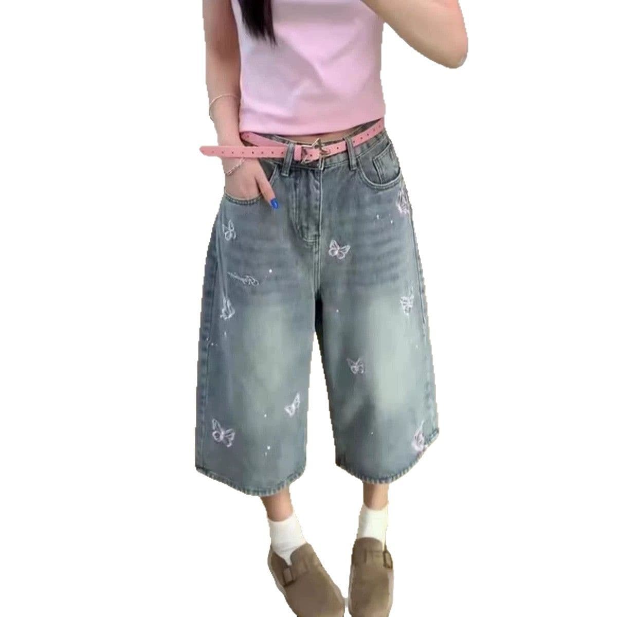 아메리칸 나비 자수 스트레이트 데님 반바지 여성 2026 여름 마 오래된 워싱 루즈핏 넓은 다리 캐주얼 7부 바지 이미지 5