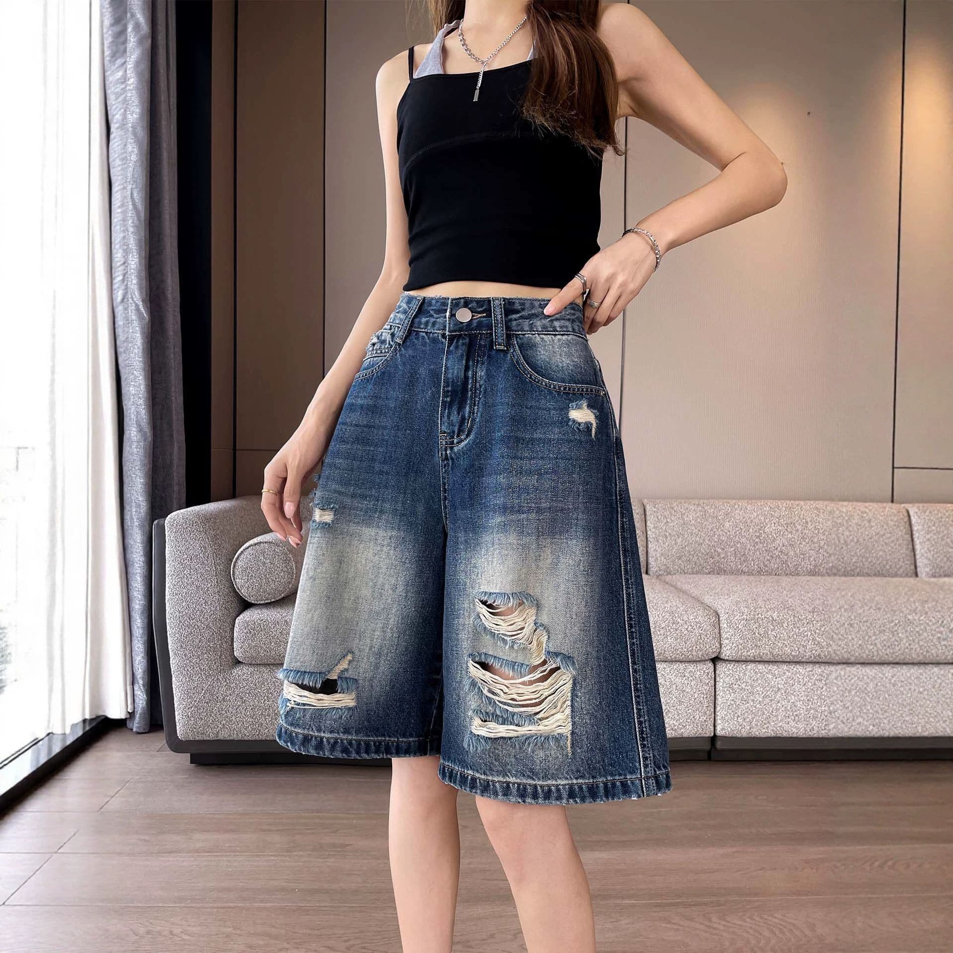 아메리칸 레트로 블루 찢어진 부분 5 점 청바지 여름 새로운 루즈핏 넓은 다리 데님 오부 바지 여성 여름 얇은 스타일 이미지 3