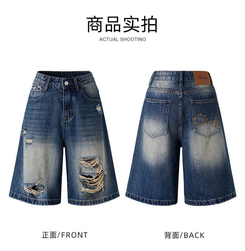 아메리칸 레트로 블루 찢어진 부분 5 점 청바지 여름 새로운 루즈핏 넓은 다리 데님 오부 바지 여성 여름 얇은 스타일 상세 이미지 10