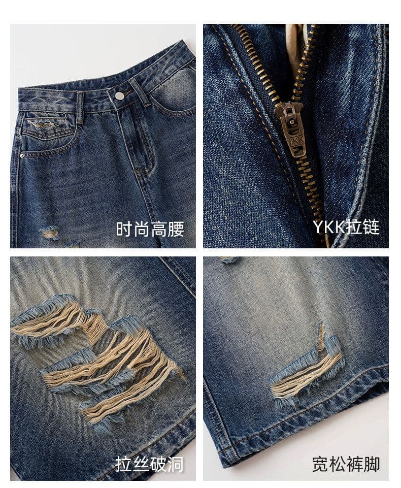 아메리칸 레트로 블루 찢어진 부분 5 점 청바지 여름 새로운 루즈핏 넓은 다리 데님 오부 바지 여성 여름 얇은 스타일 상세 이미지 11