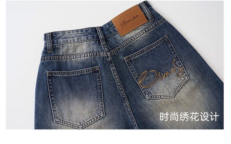 아메리칸 레트로 블루 찢어진 부분 5 점 청바지 여름 새로운 루즈핏 넓은 다리 데님 오부 바지 여성 여름 얇은 스타일 상세 이미지 12