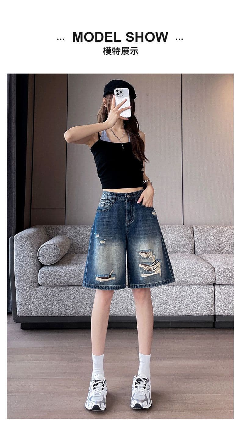 아메리칸 레트로 블루 찢어진 부분 5 점 청바지 여름 새로운 루즈핏 넓은 다리 데님 오부 바지 여성 여름 얇은 스타일 상세 이미지 13