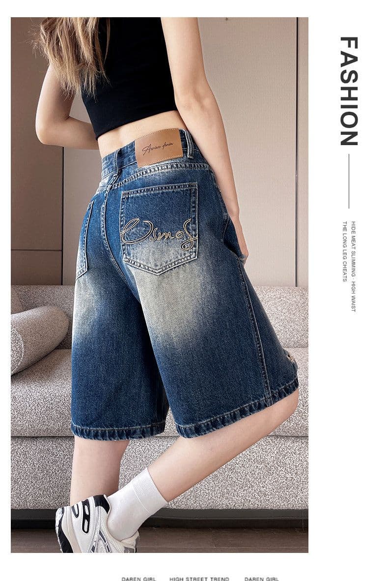 아메리칸 레트로 블루 찢어진 부분 5 점 청바지 여름 새로운 루즈핏 넓은 다리 데님 오부 바지 여성 여름 얇은 스타일 상세 이미지 14